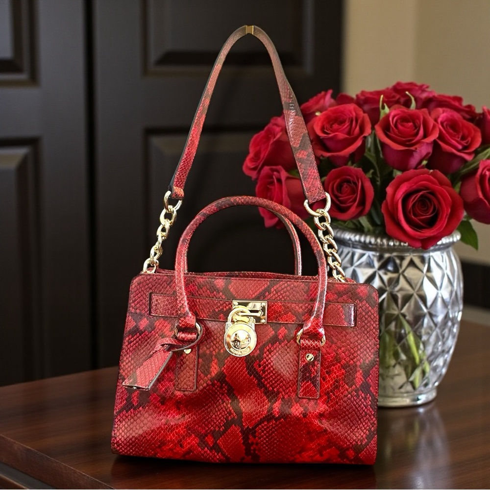 Michael Kors Hamilton Red Snake Print Embossed Handbag Iconic MK‎ Gold Hardware - Picture 14 of 16